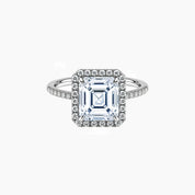 Asscher-cut moissanite halo ring with pavé band in white gold vermeil, front view.