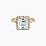 Asscher-cut moissanite halo ring with pavé band in yellow gold vermeil, front view.