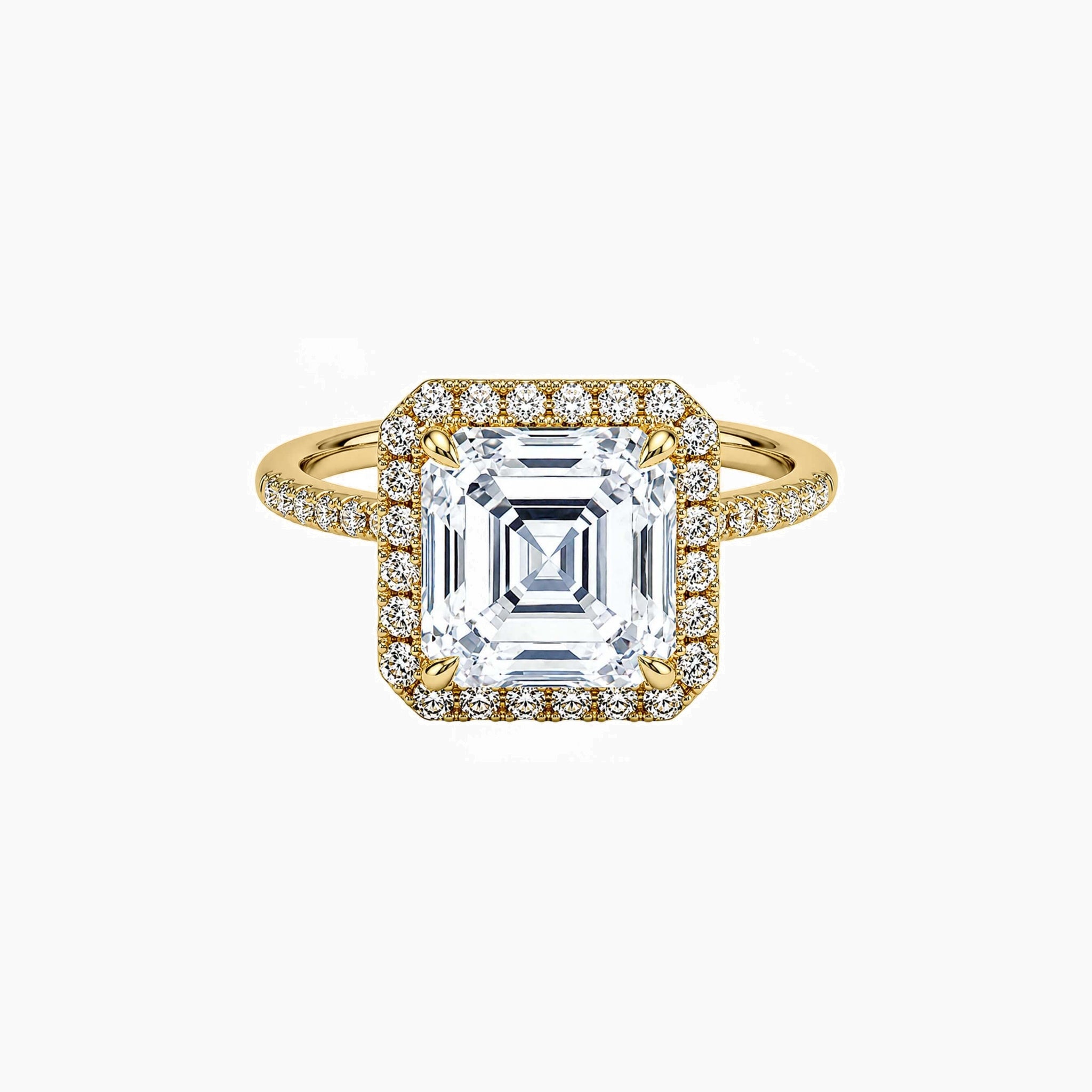 Asscher-cut moissanite halo ring with pavé band in yellow gold vermeil, front view.