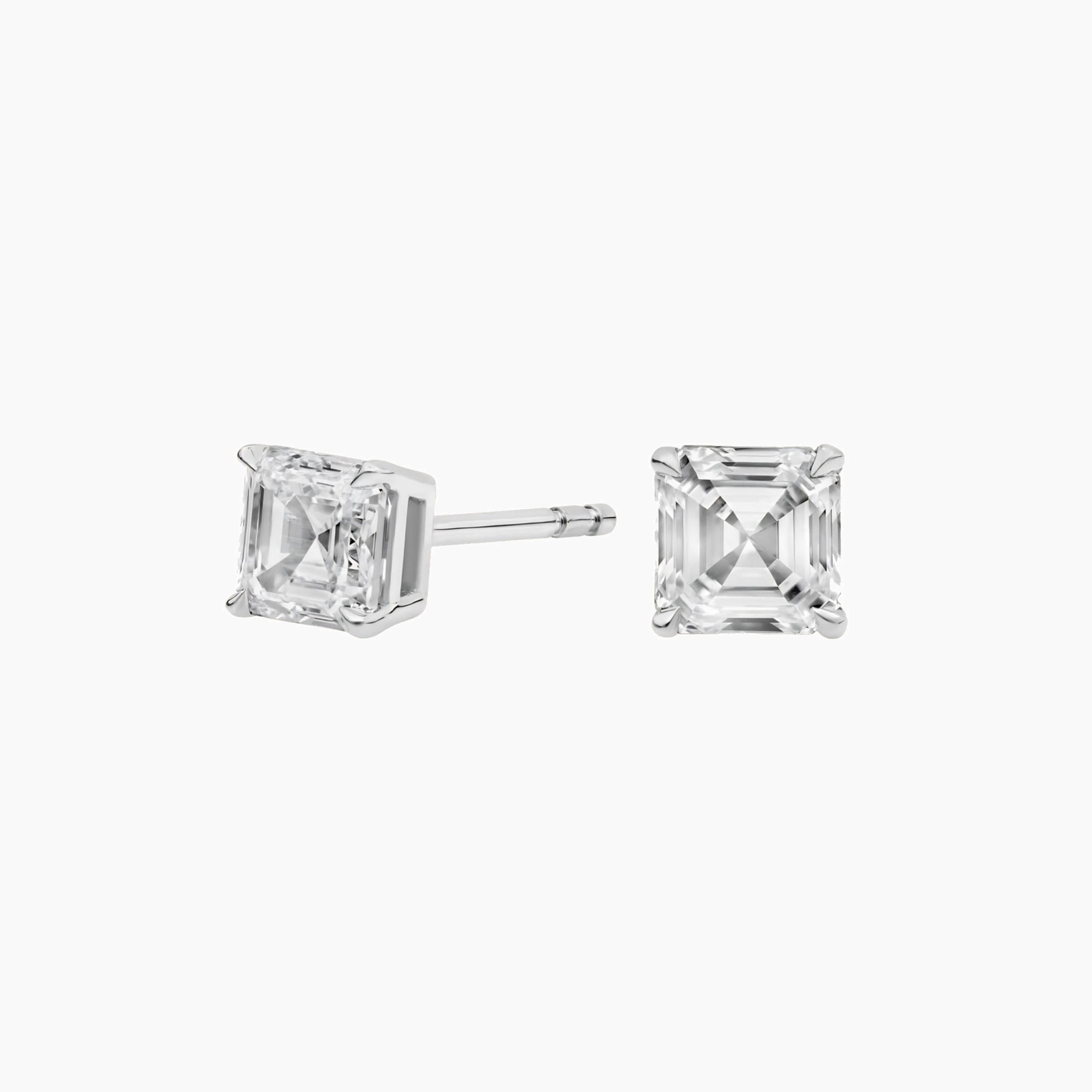 Asscher-cut moissanite stud earrings in white gold vermeil, front and side views.