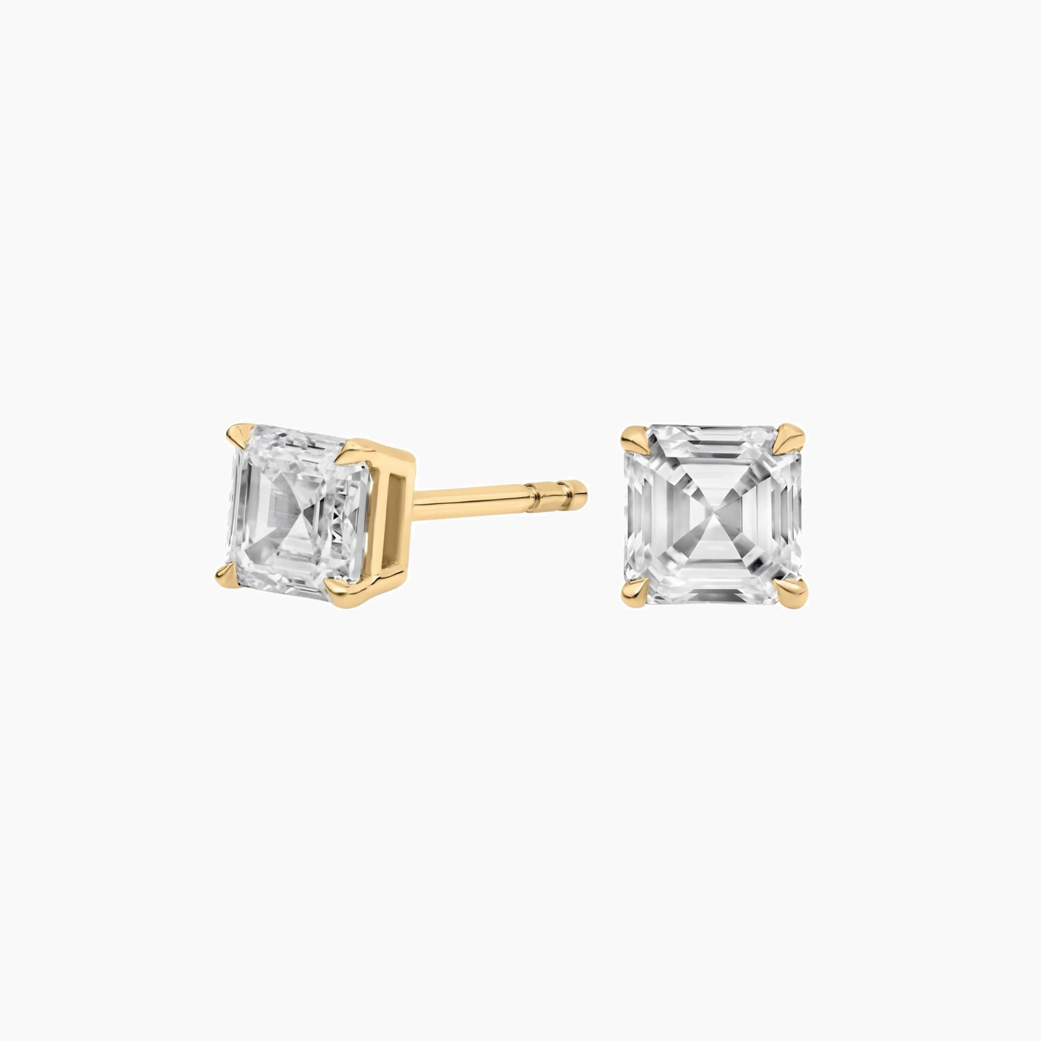 Asscher-cut moissanite stud earrings in yellow gold vermeil, front and side views.