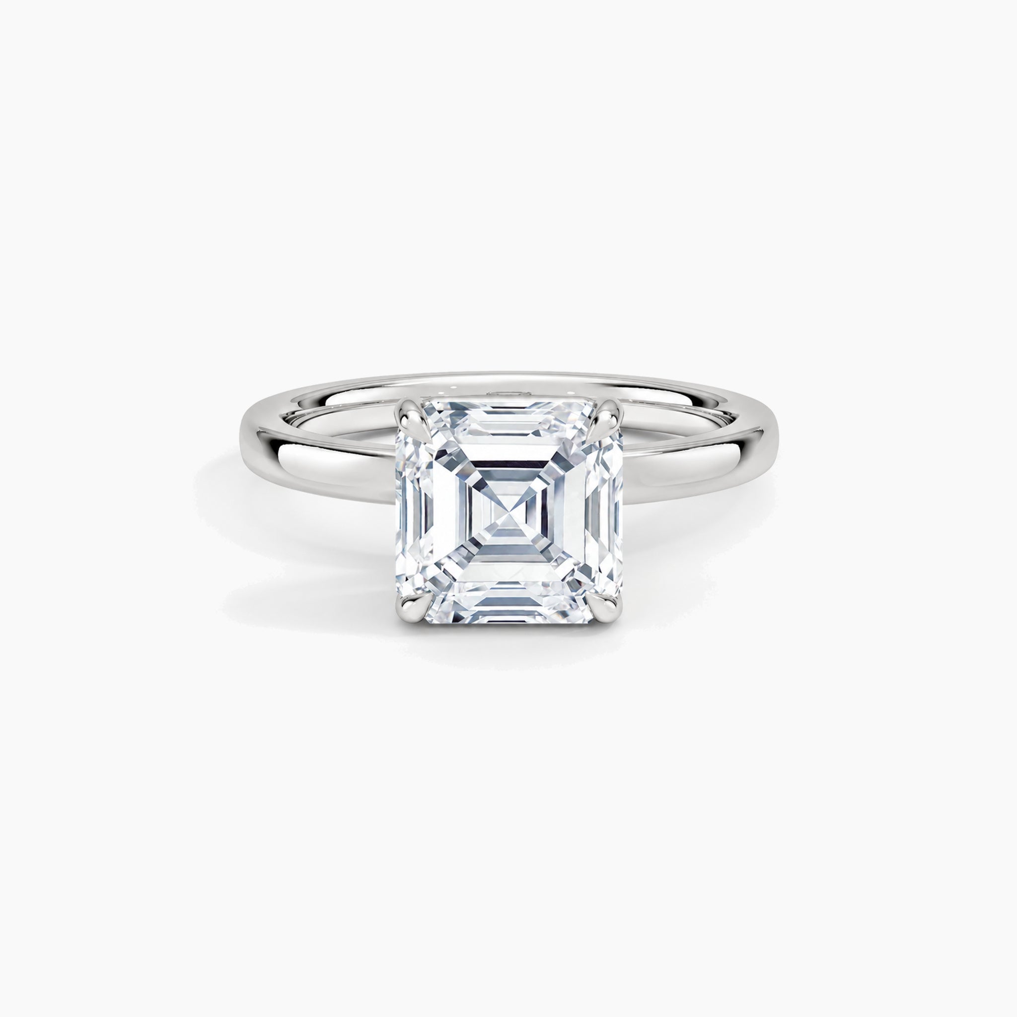 Asscher-cut moissanite solitaire ring in white gold vermeil, front view