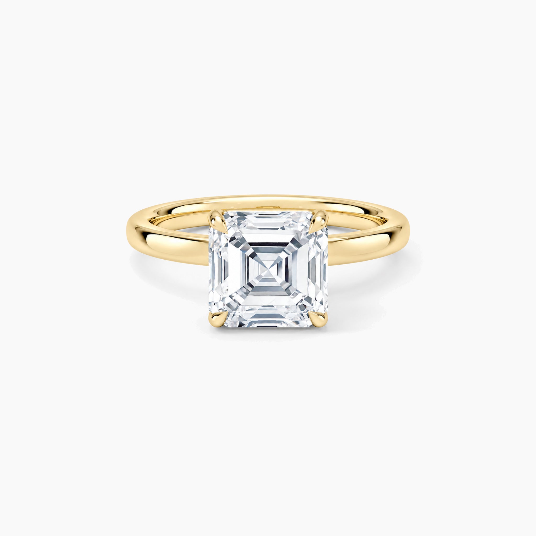 Asscher-cut moissanite solitaire ring, yellow gold, 2 ct front