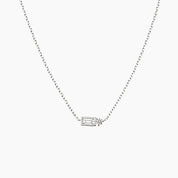 Baguette-cut and round-cut moissanite pendant necklace in white gold vermeil, front view.