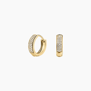 Bold pavé moissanite huggie hoop earrings in yellow gold vermeil, front and side views.