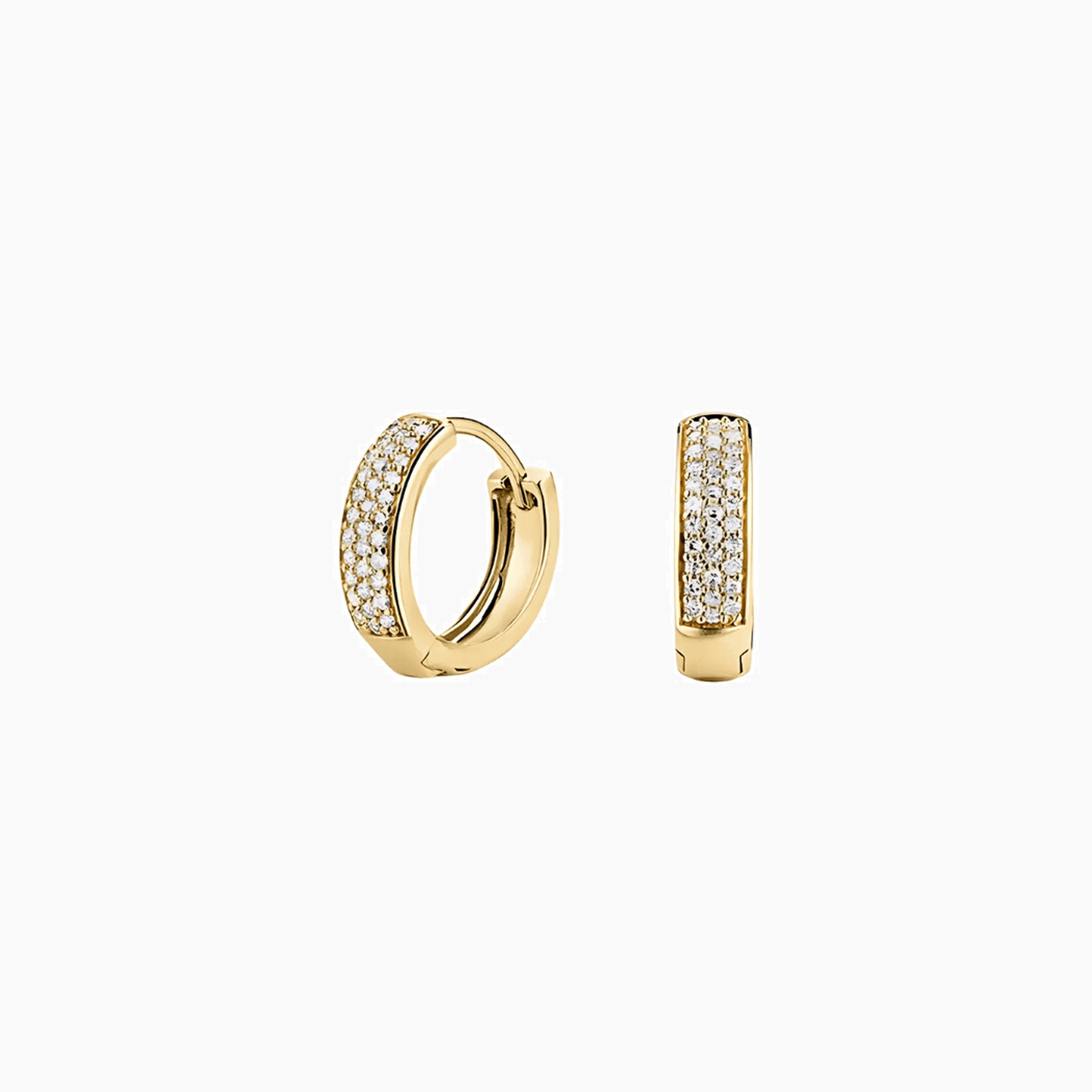 Bold pavé moissanite huggie hoop earrings in yellow gold vermeil, front and side views.