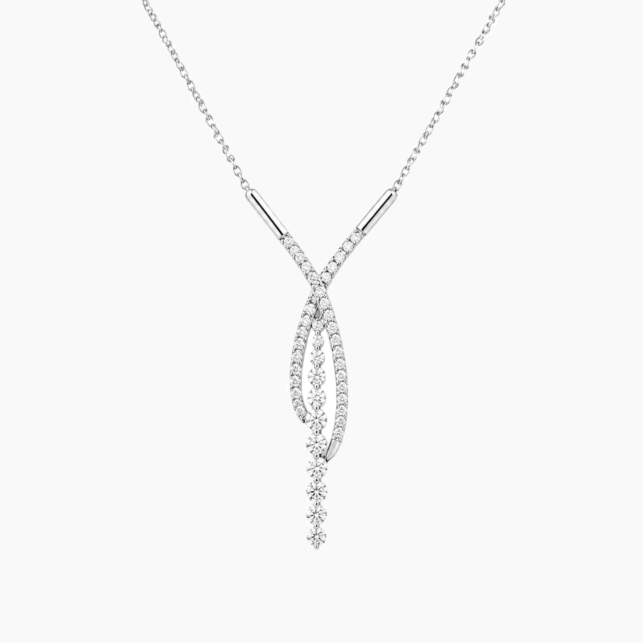 Crossover pavé moissanite drop necklace in white gold vermeil, full product view.