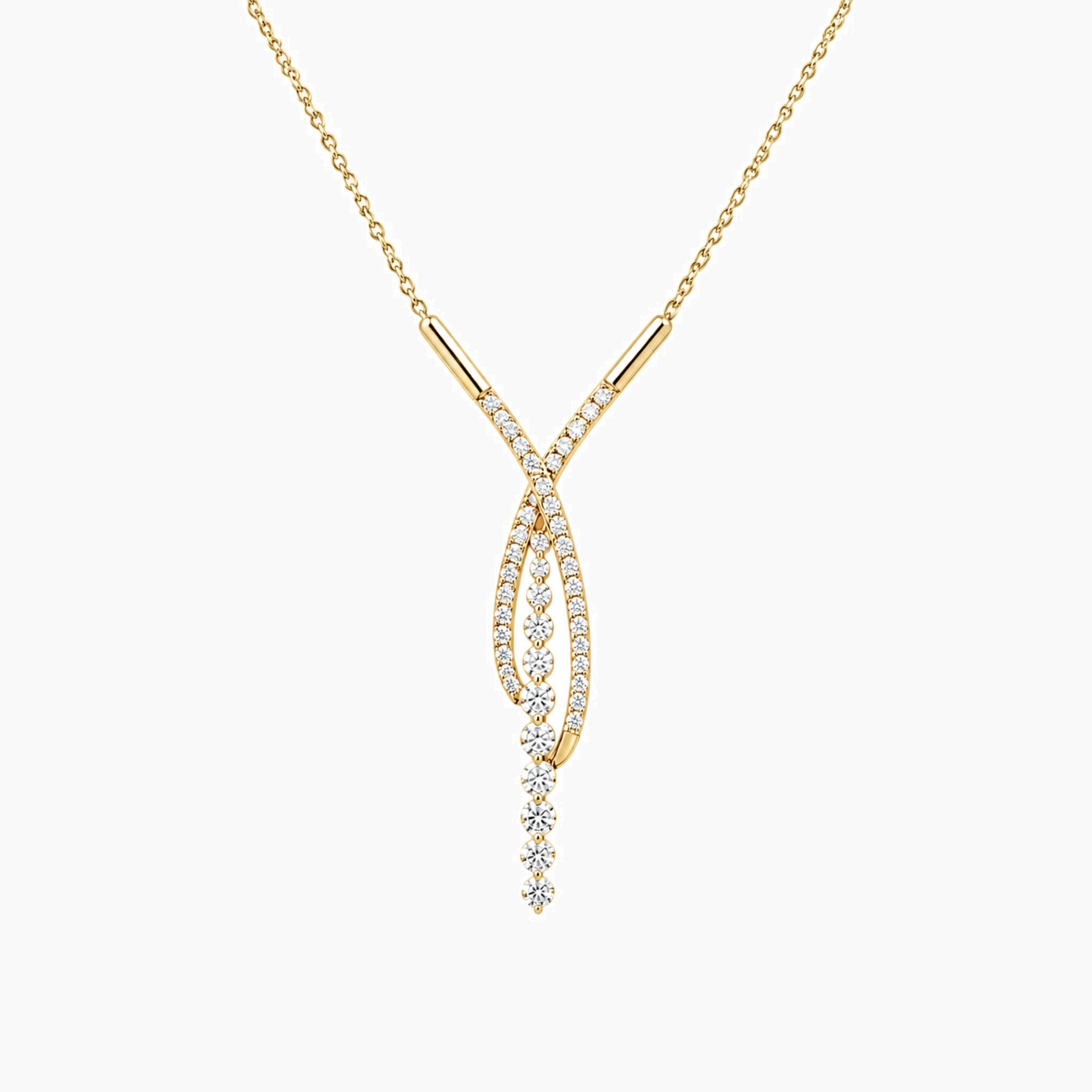 Crossover pavé moissanite drop necklace in yellow gold vermeil, full product view.