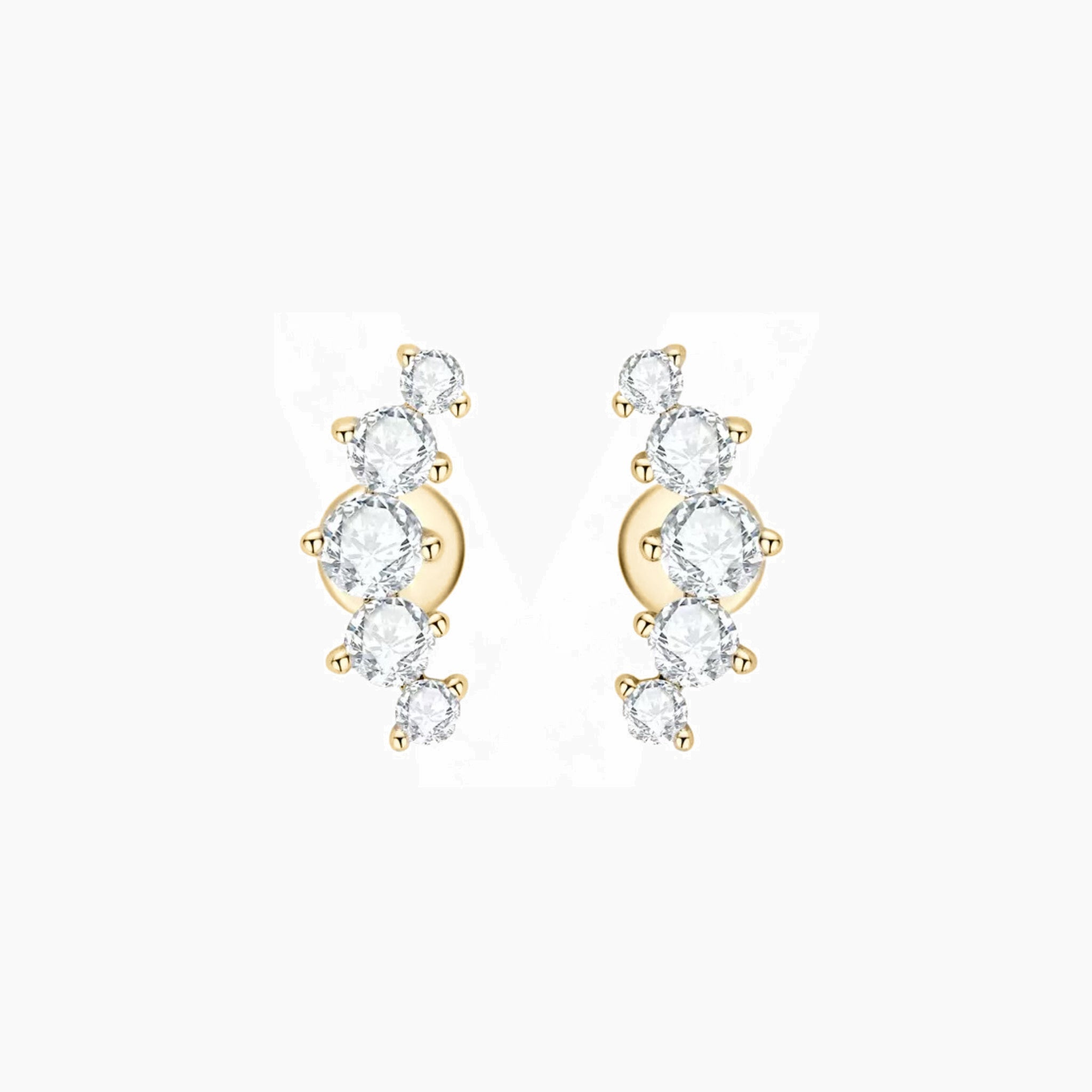 Curved moissanite stud earrings in yellow gold vermeil, front and side views.