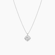 Cushion-cut moissanite bezel pendant necklace in white gold vermeil, full product view.