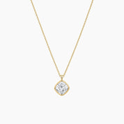 Cushion-cut moissanite bezel pendant necklace in yellow gold vermeil, full product view.