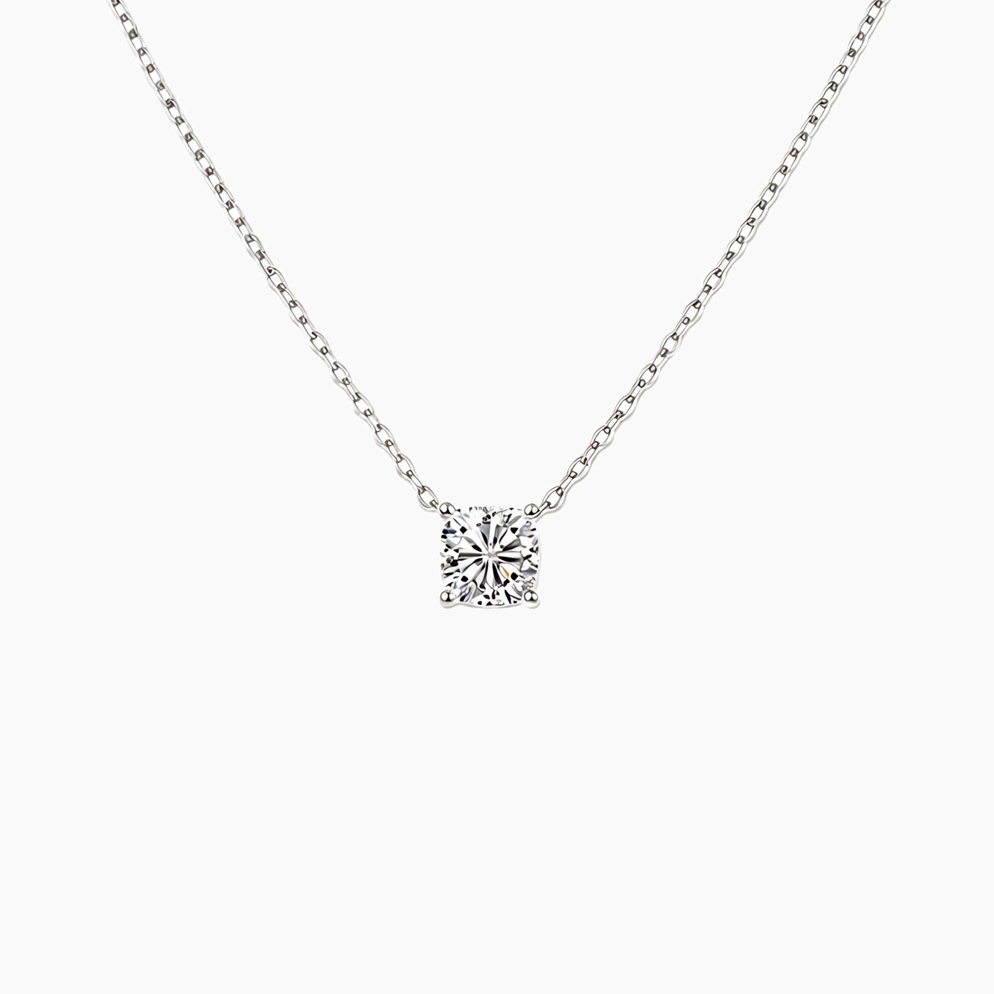 Cushion-cut moissanite pendant necklace in white gold vermeil, front view.