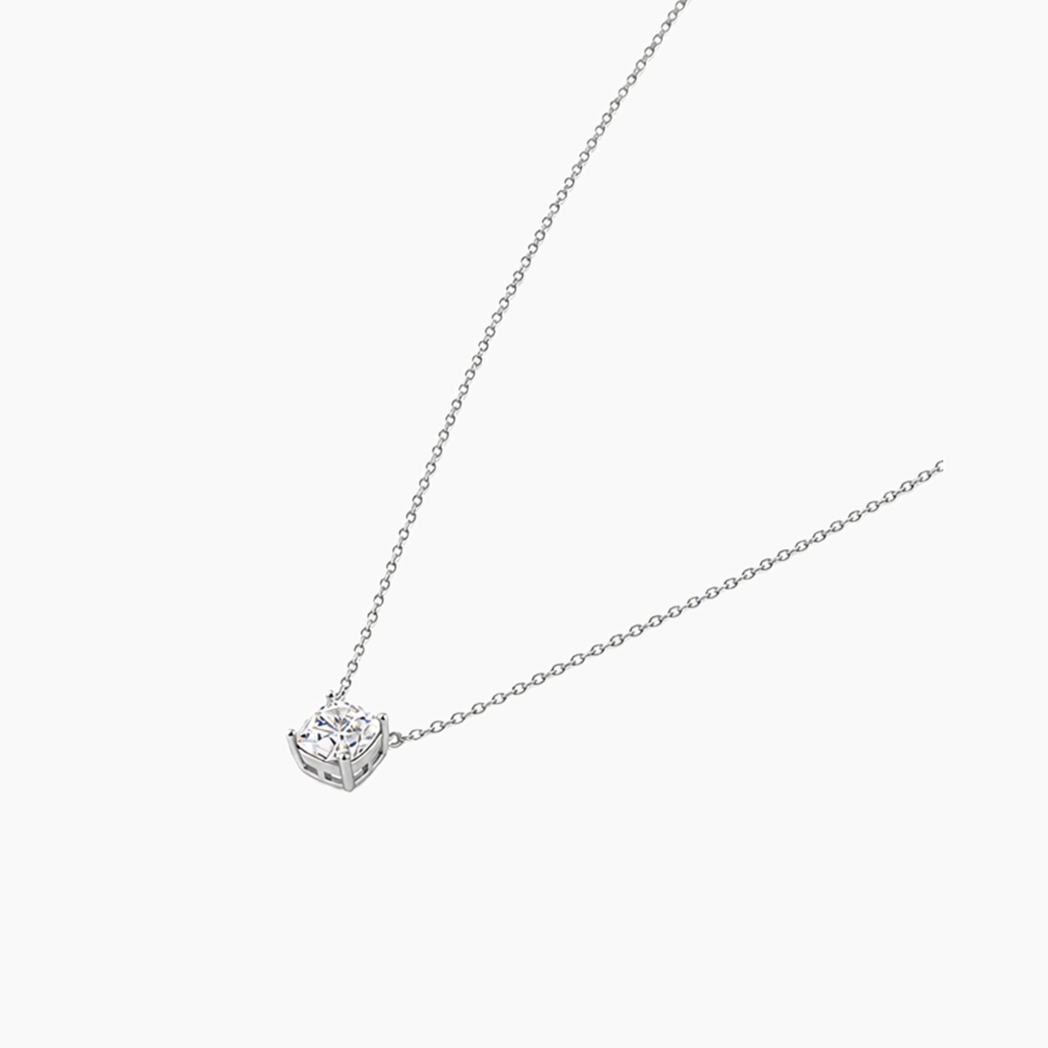 Cushion-cut moissanite pendant necklace in white gold vermeil, side view.