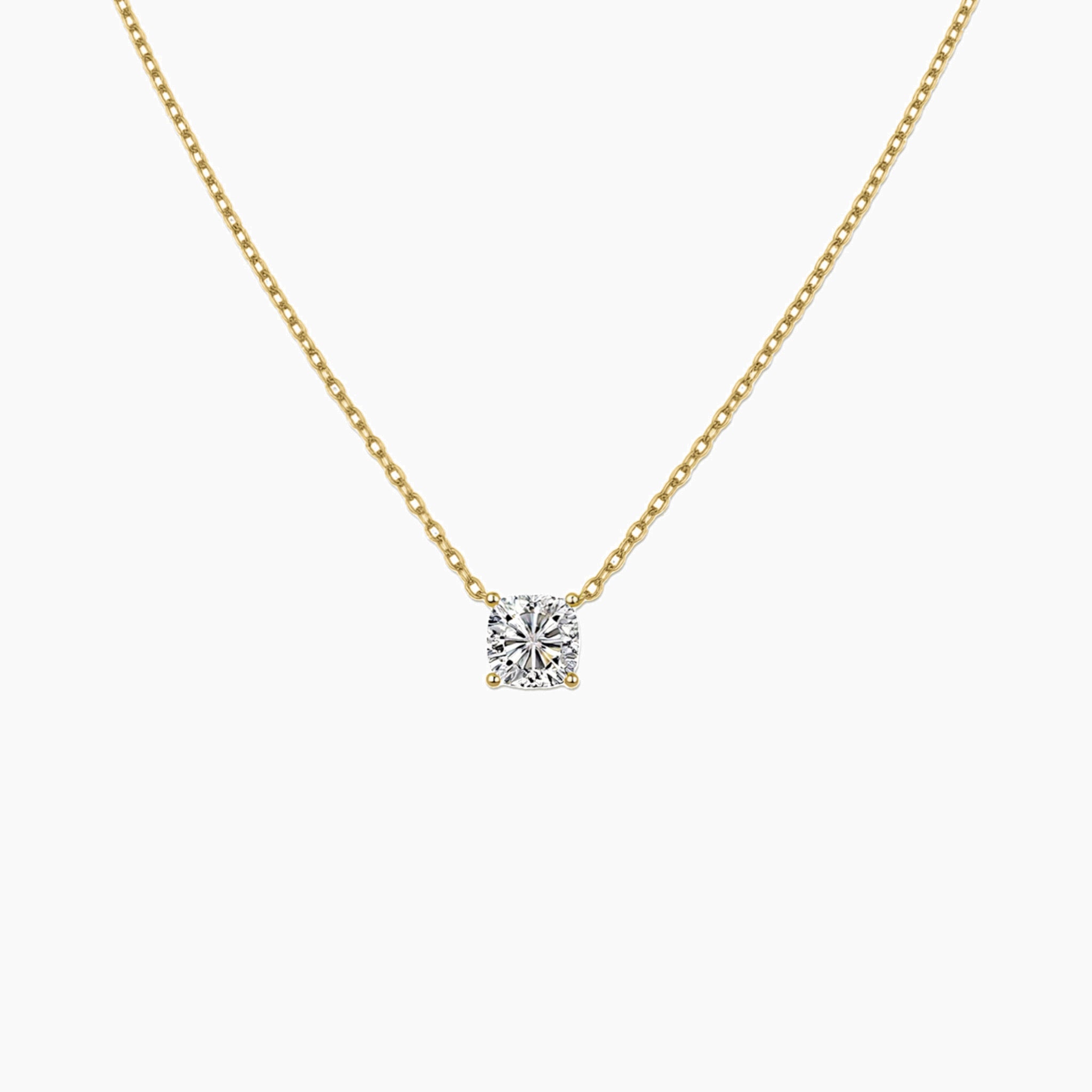 Cushion-cut moissanite pendant necklace in yellow gold vermeil, front view.