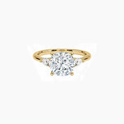 Cushion-cut moissanite three-stone ring in yellow gold vermeil, front view.