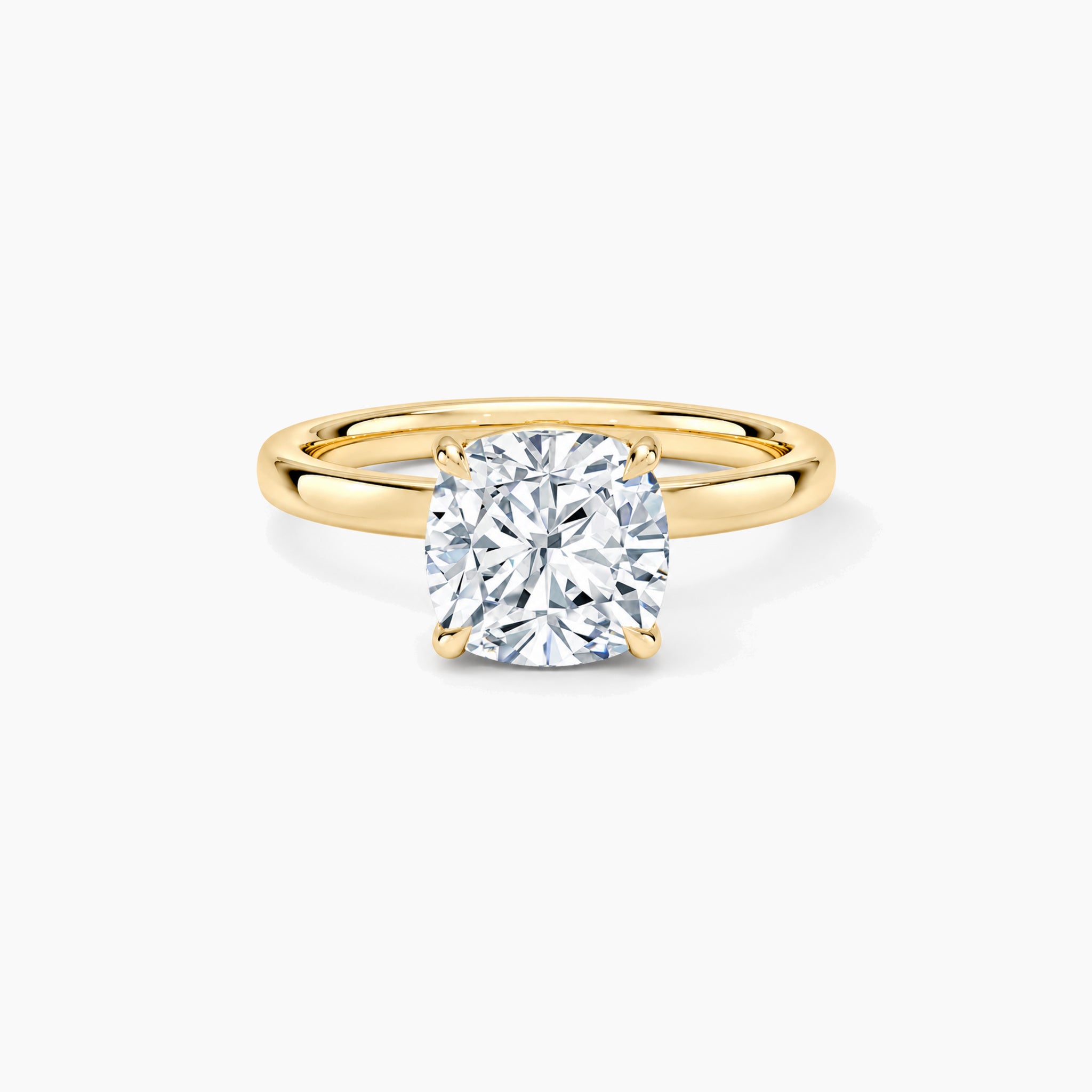 Cushion-Cut Moissanite Solitaire Ring in yellow gold, front view