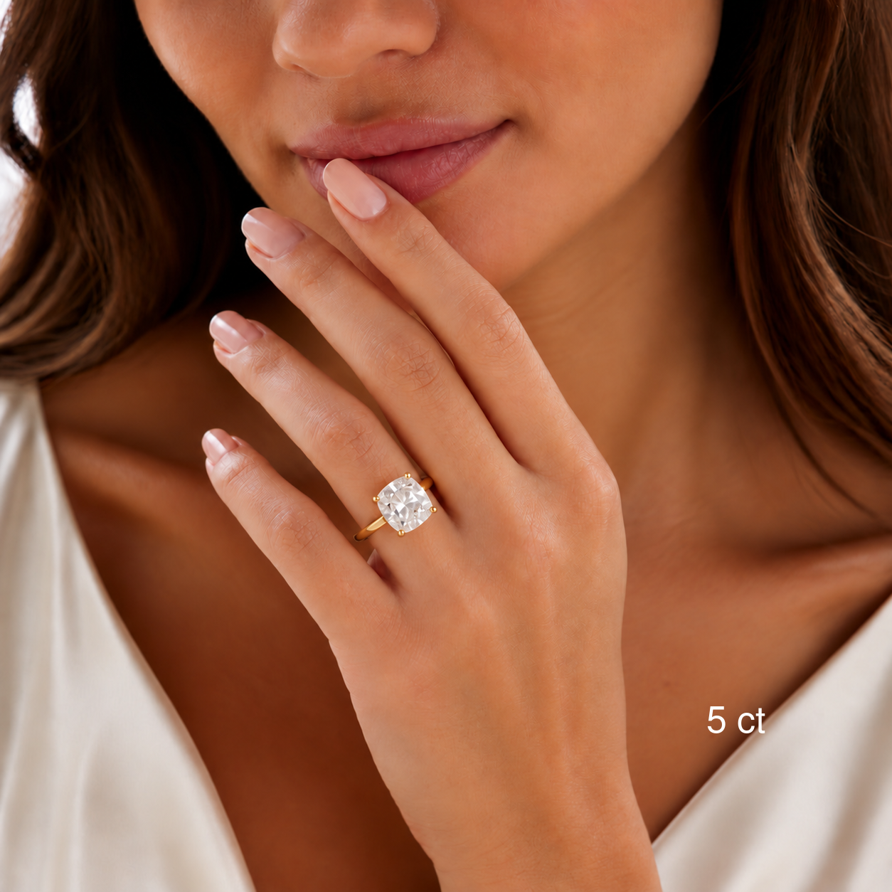 5 ct cushion-cut solitaire ring on model