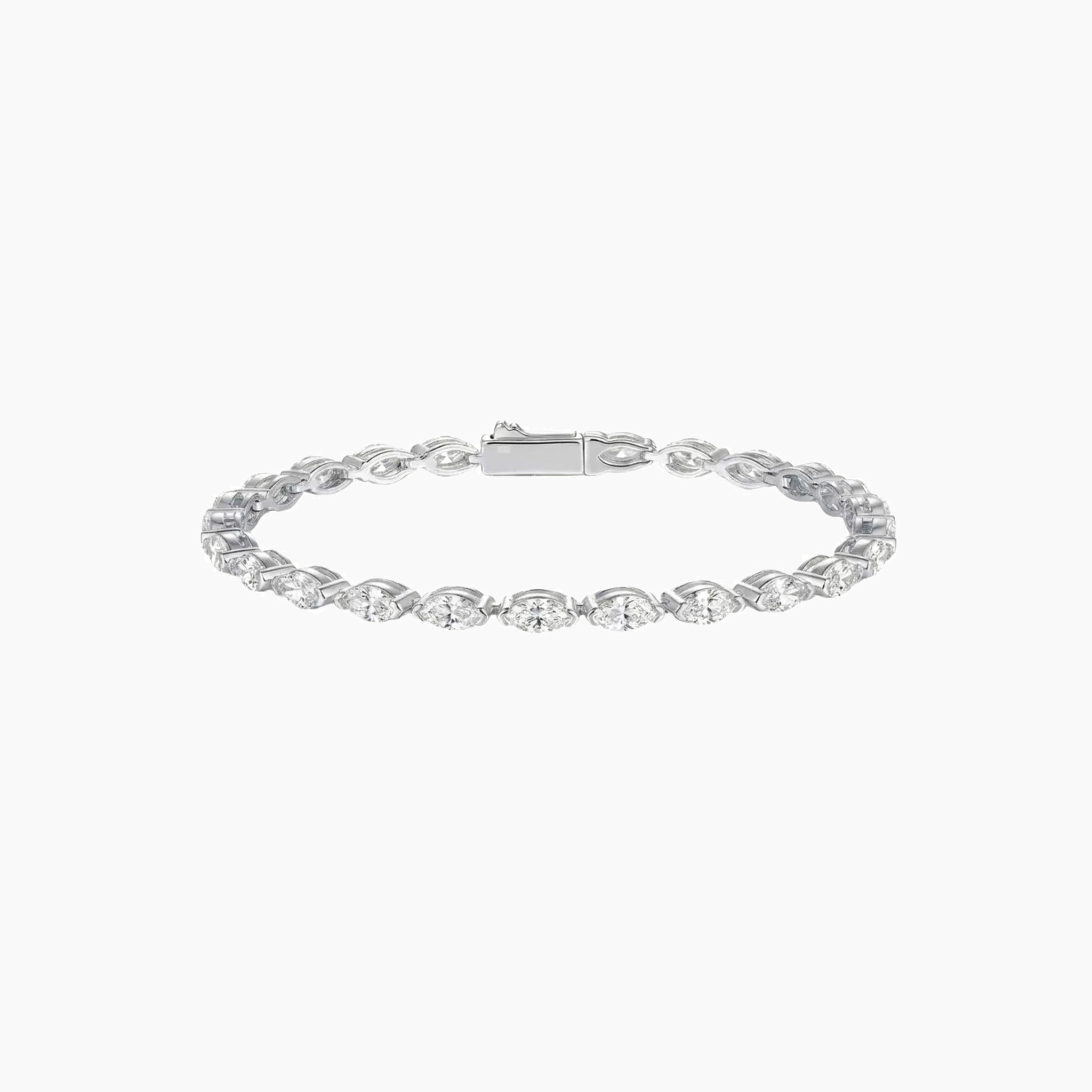 East-west marquise-cut moissanite tennis bracelet in white gold vermeil, full product view.
