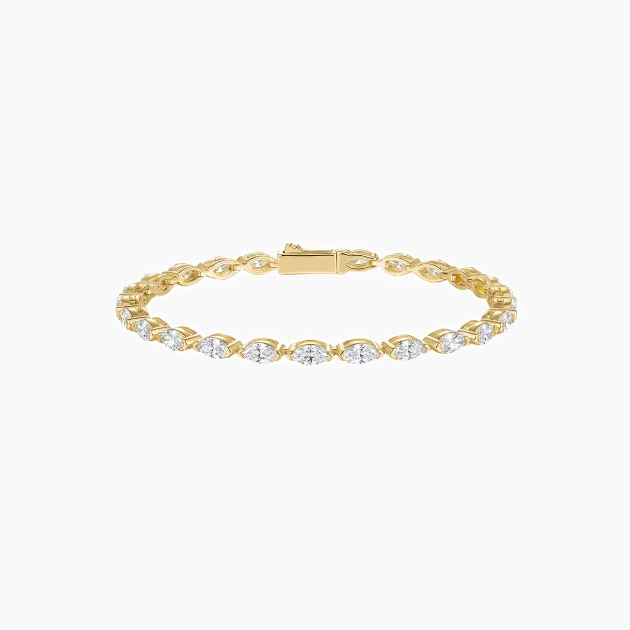 East-west marquise-cut moissanite tennis bracelet in yellow gold vermeil, full product view.