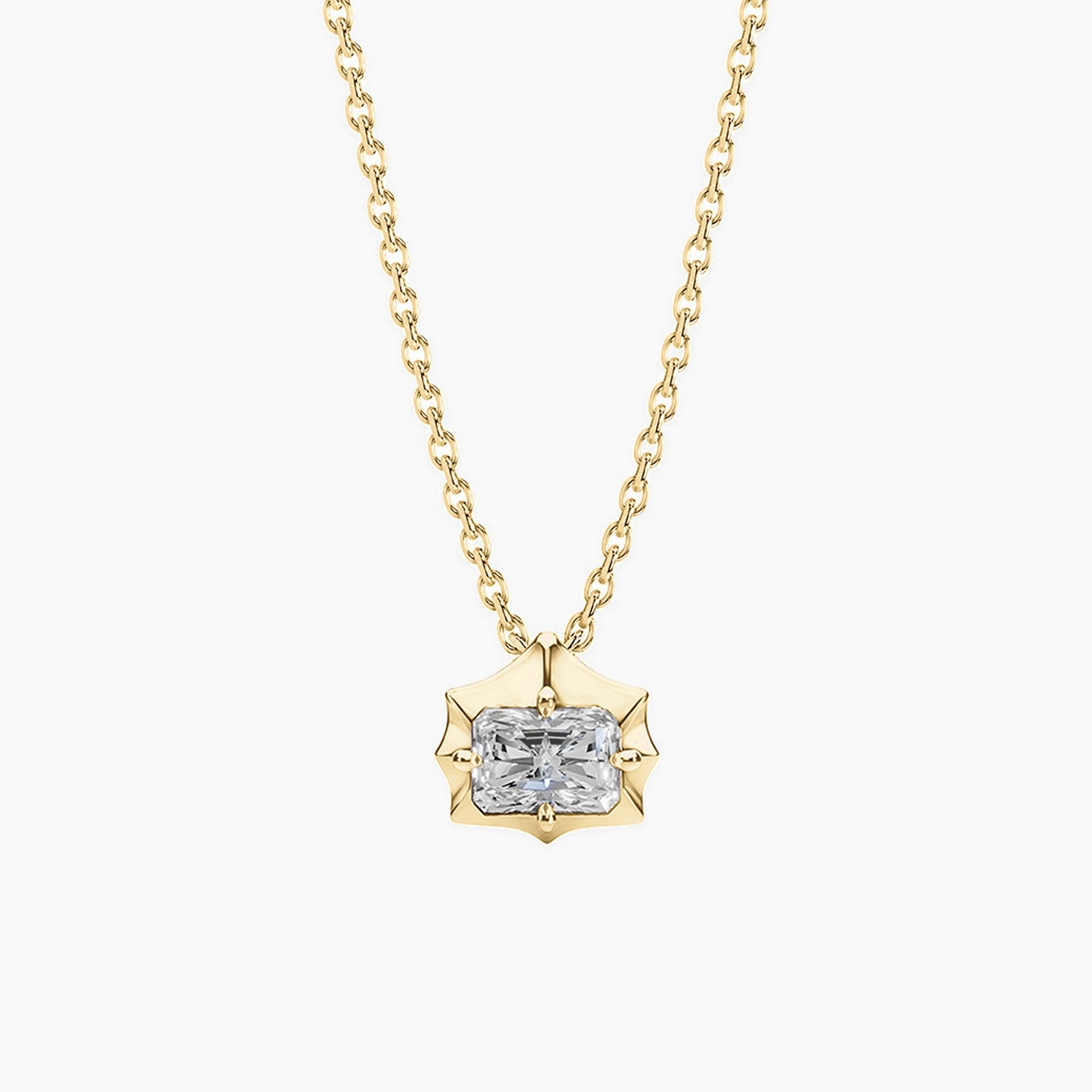 East-west radiant-cut moissanite pendant necklace in 18k yellow gold vermeil, front view.