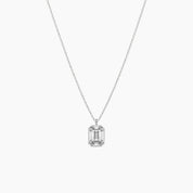 Emerald-cut moissanite bezel pendant necklace in white gold vermeil, full product view.