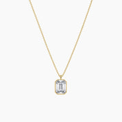 Emerald-cut moissanite bezel pendant necklace in yellow gold vermeil, full product view.