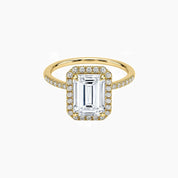 Emerald-cut moissanite halo ring with pavé band in yellow gold vermeil, front view.