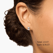 Emerald-cut moissanite stud earrings worn on the ear, 1.5 ct per pair with 0.75 ct per stone.