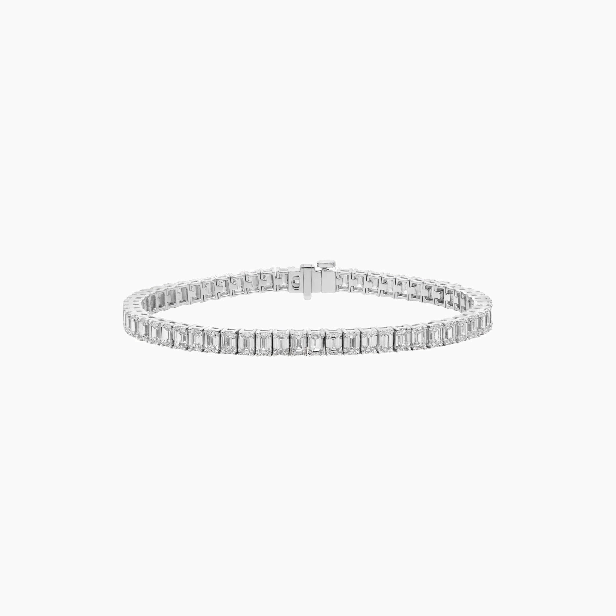 Emerald-cut moissanite tennis bracelet in white gold vermeil, full product view.