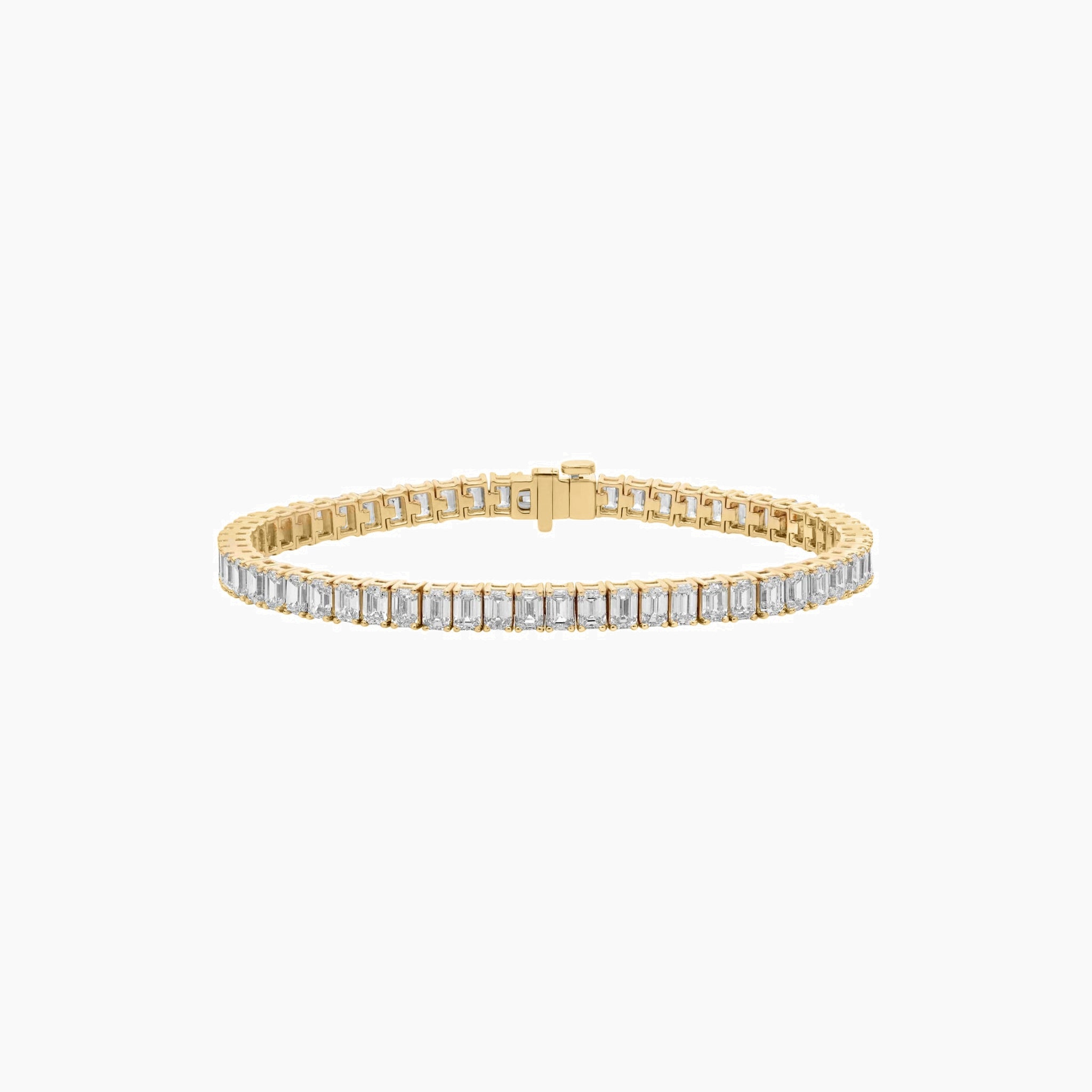 Emerald-cut moissanite tennis bracelet in yellow gold vermeil, full product view.