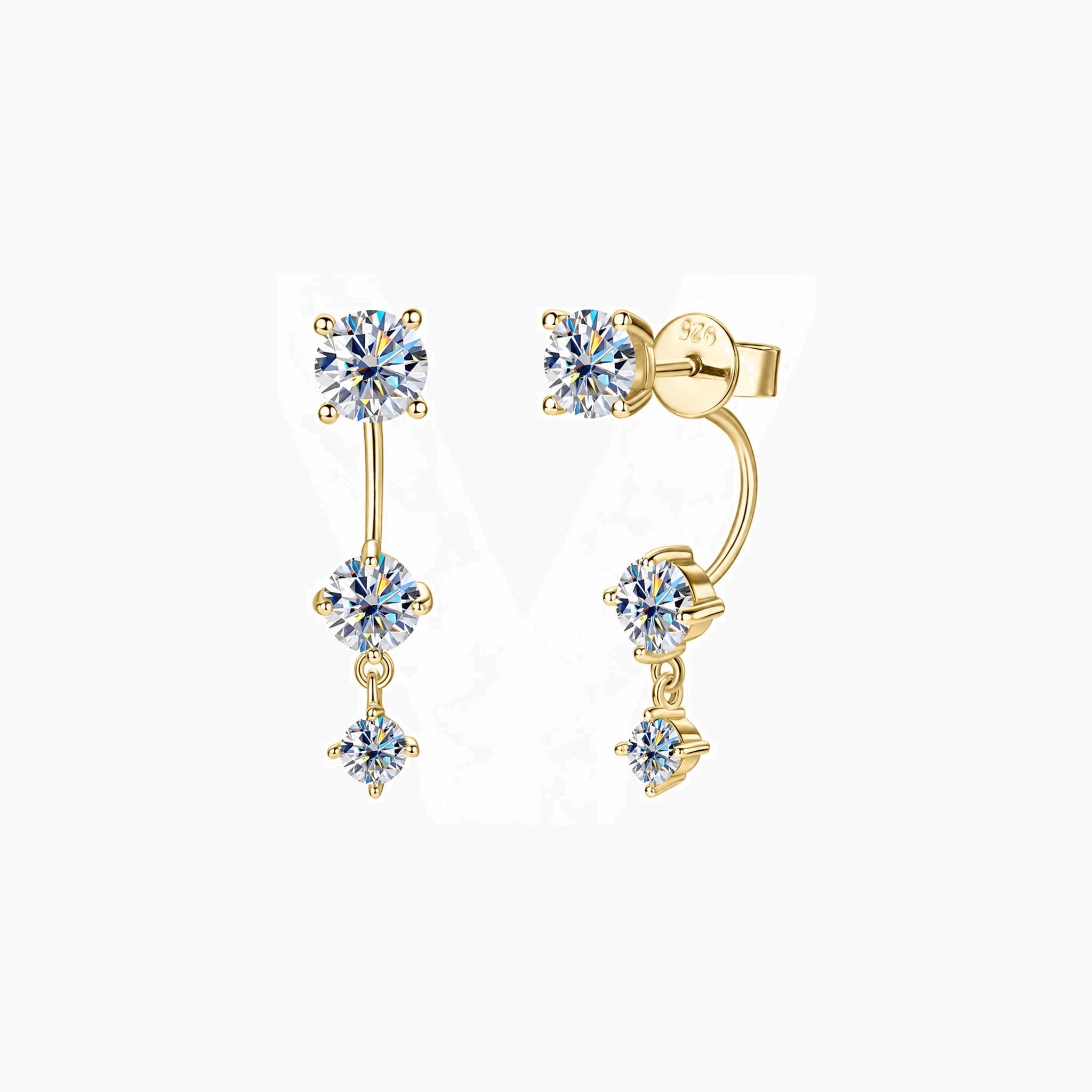 Floating three-stone moissanite drop earrings in yellow gold vermeil, front and side views.