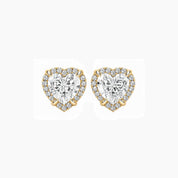Heart-cut moissanite halo stud earrings in yellow gold vermeil, front view.