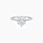 Heart-cut moissanite hidden halo ring with pavé band in white gold vermeil, front view.