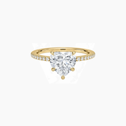 Heart-cut moissanite hidden halo ring with pavé band in yellow gold vermeil, front view.