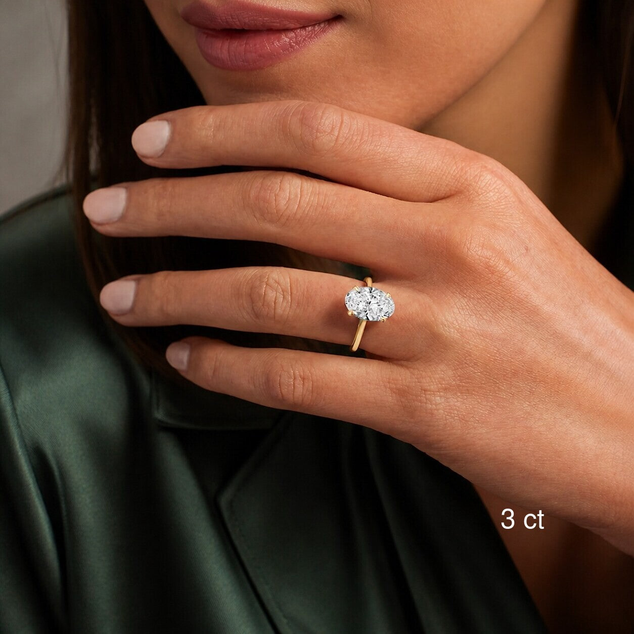 3 ct oval moissanite hidden halo ring model photo, yellow gold