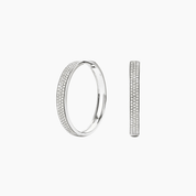 Large bold pavé moissanite hoop earrings in white gold vermeil, front and side views.