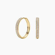 Large bold pavé moissanite hoop earrings in yellow gold vermeil, front and side views.