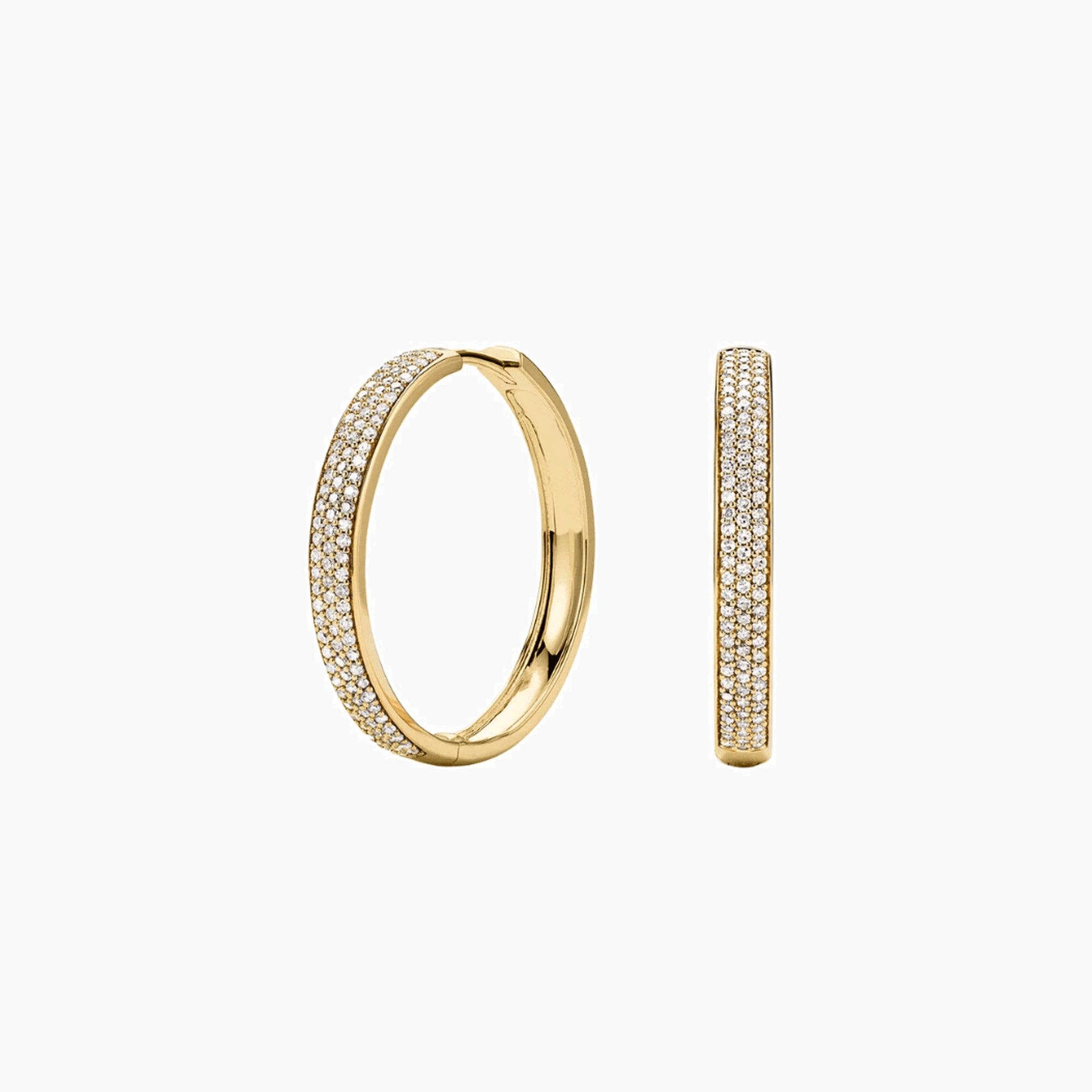 Large bold pavé moissanite hoop earrings in yellow gold vermeil, front and side views.