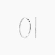Large pavé moissanite hoop earrings in white gold vermeil, front and side views.