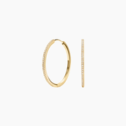 Large pavé moissanite hoop earrings in yellow gold vermeil, front and side views.