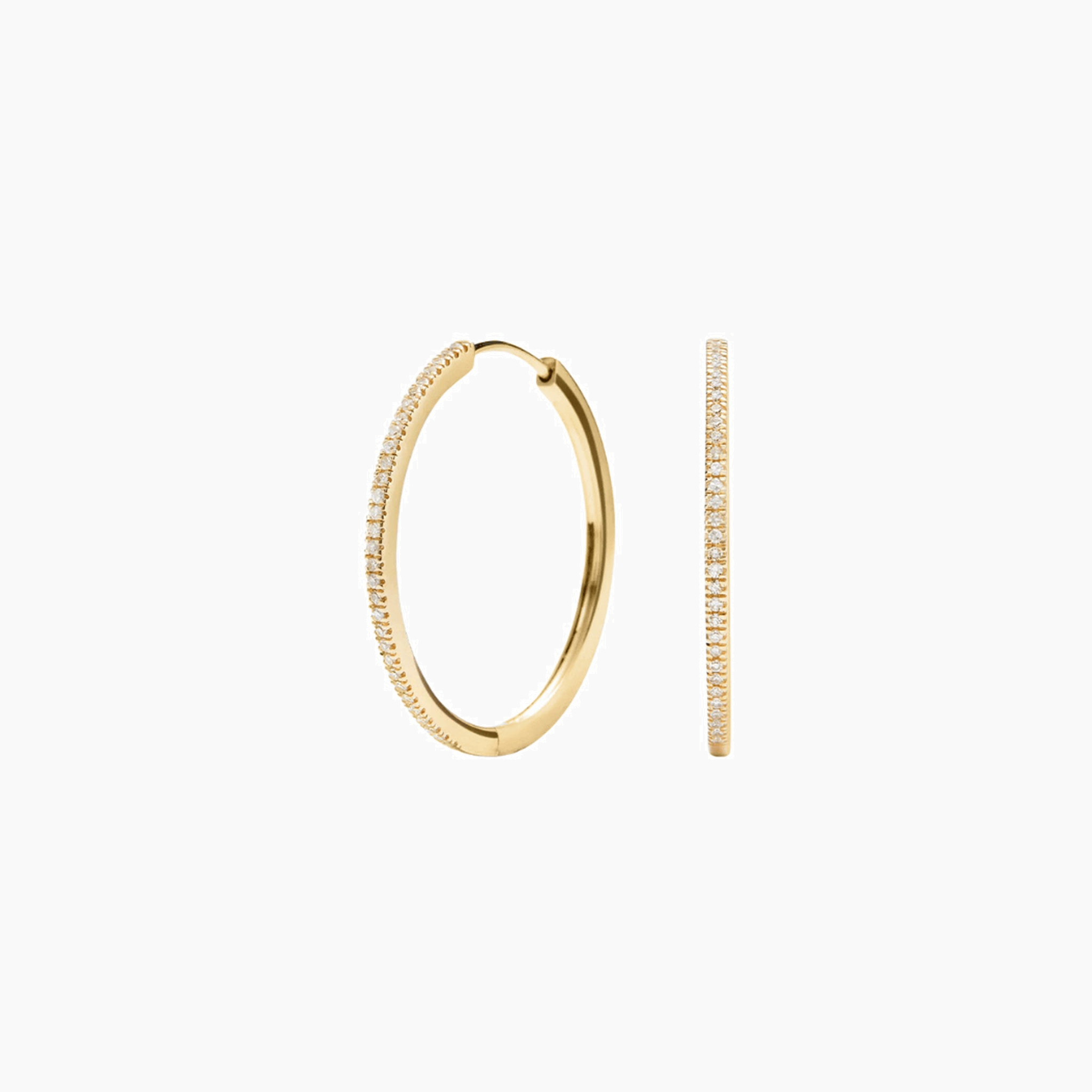 Large pavé moissanite hoop earrings in yellow gold vermeil, front and side views.