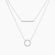 Layered pavé moissanite circle and bar necklace in white gold vermeil, full product view.