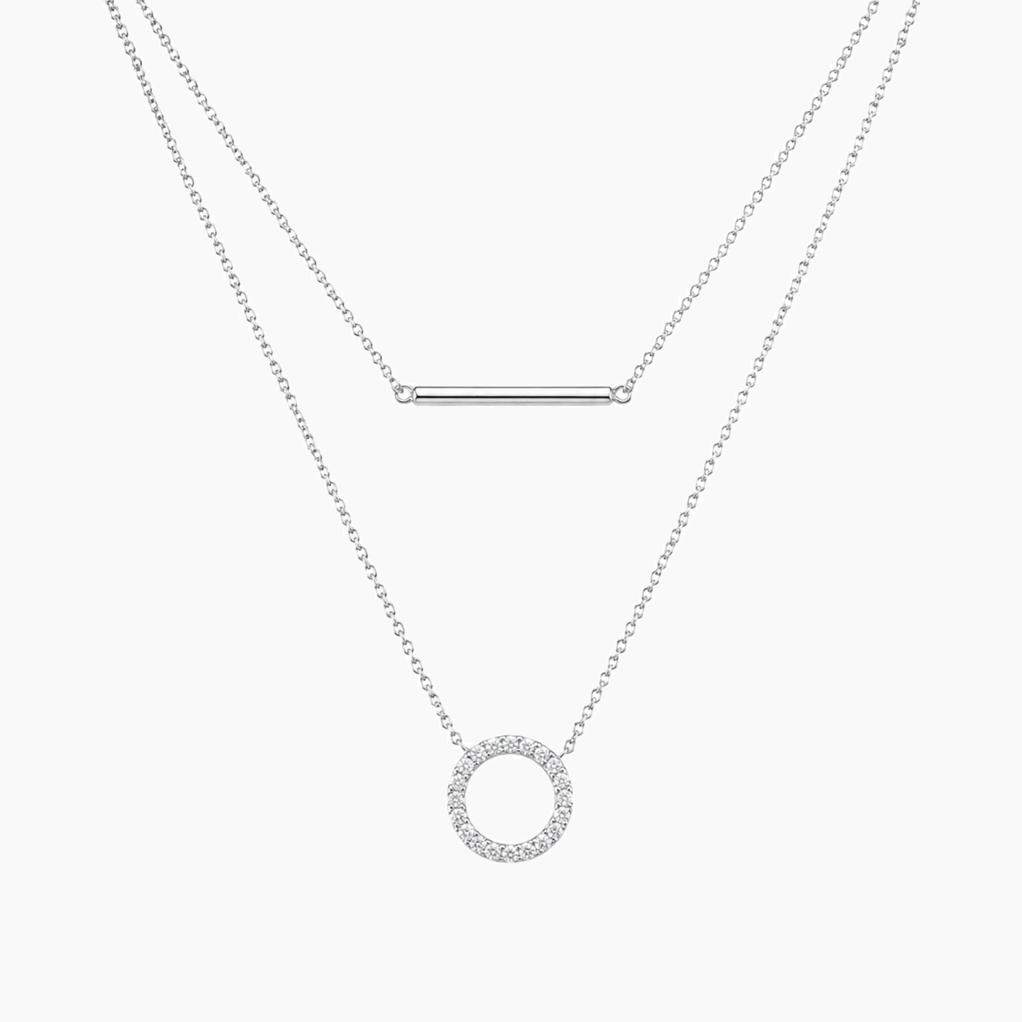 Layered pavé moissanite circle and bar necklace in white gold vermeil, full product view.