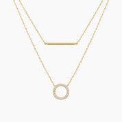 Layered pavé moissanite circle and bar necklace in yellow gold vermeil, full product view.