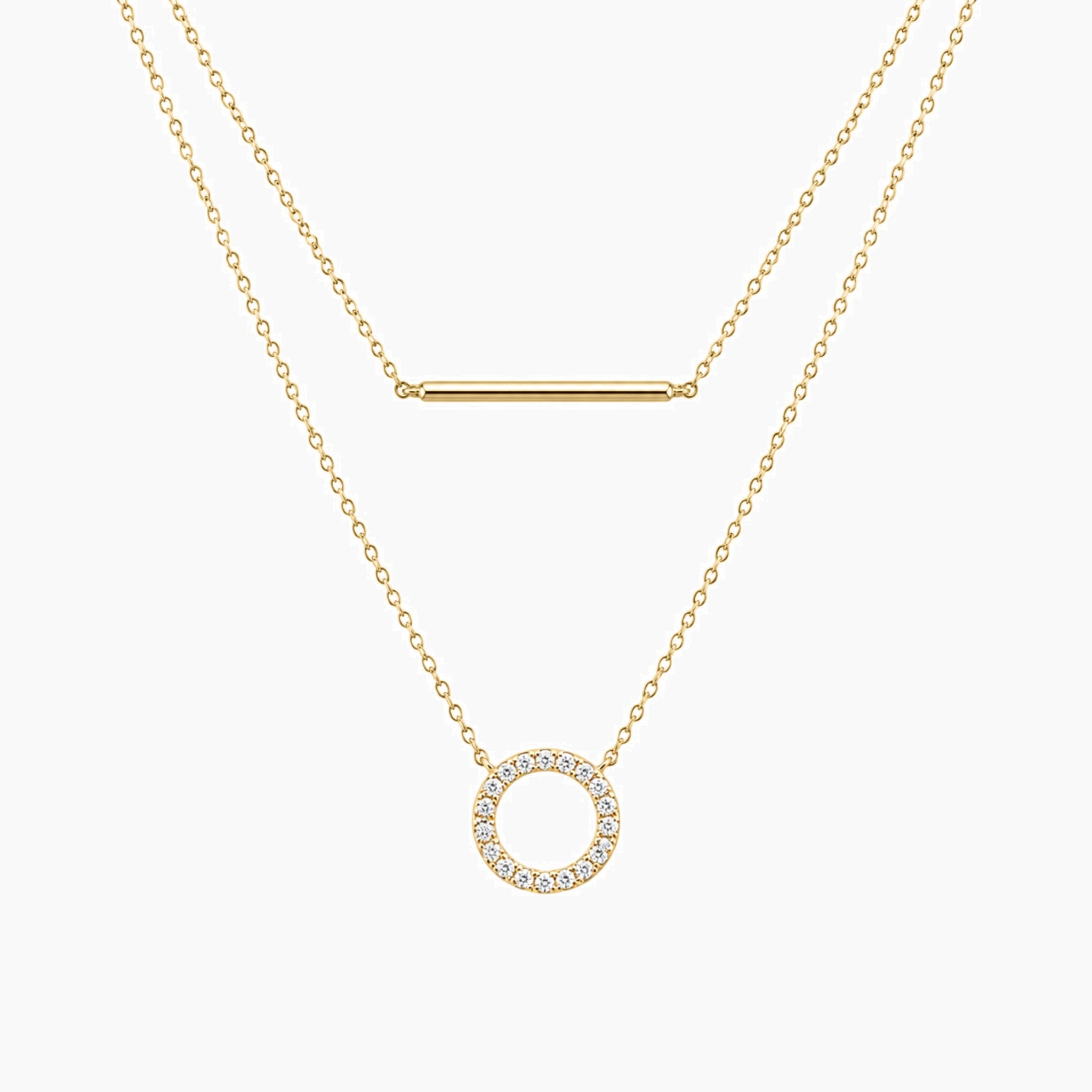 Layered pavé moissanite circle and bar necklace in yellow gold vermeil, full product view.