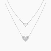 Layered pavé moissanite heart necklace in white gold vermeil, full product view.