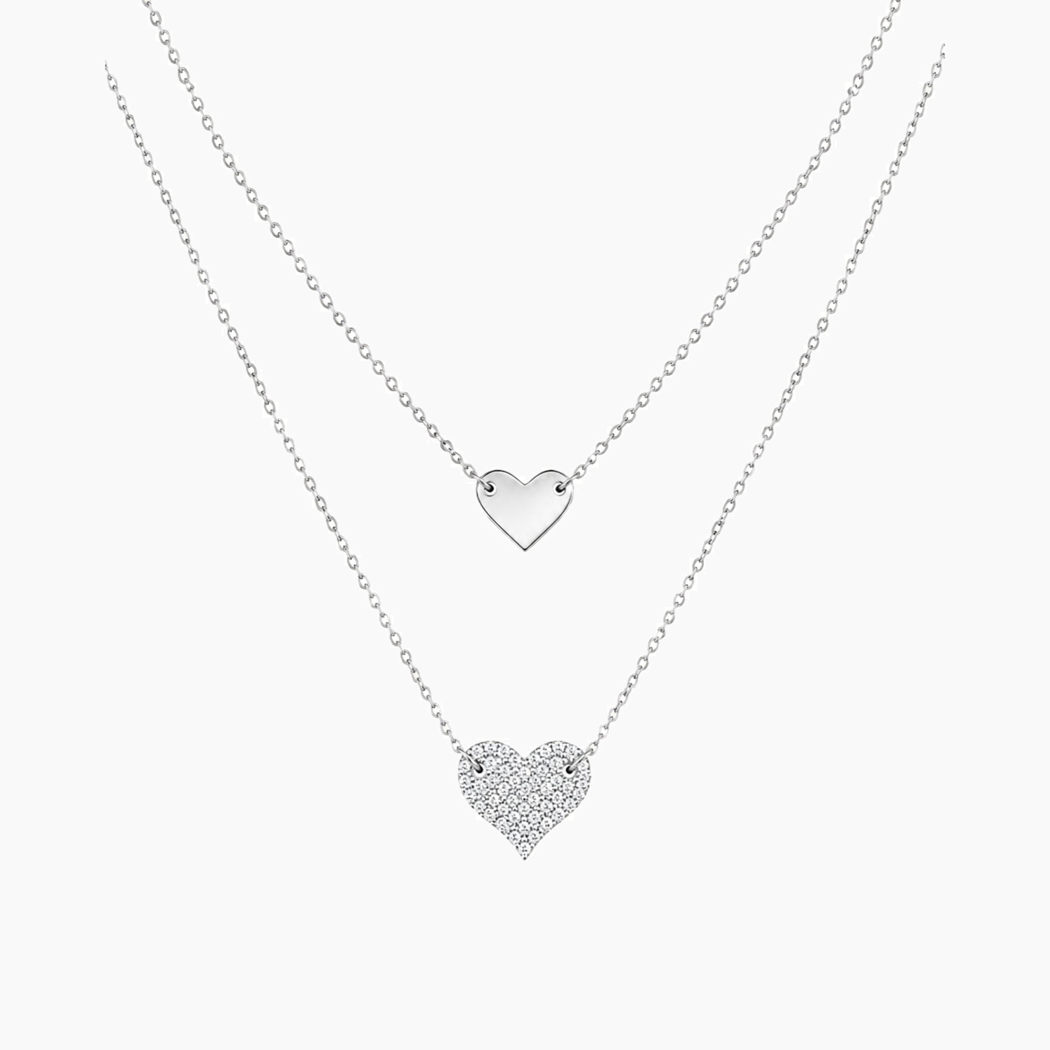 Layered pavé moissanite heart necklace in white gold vermeil, full product view.