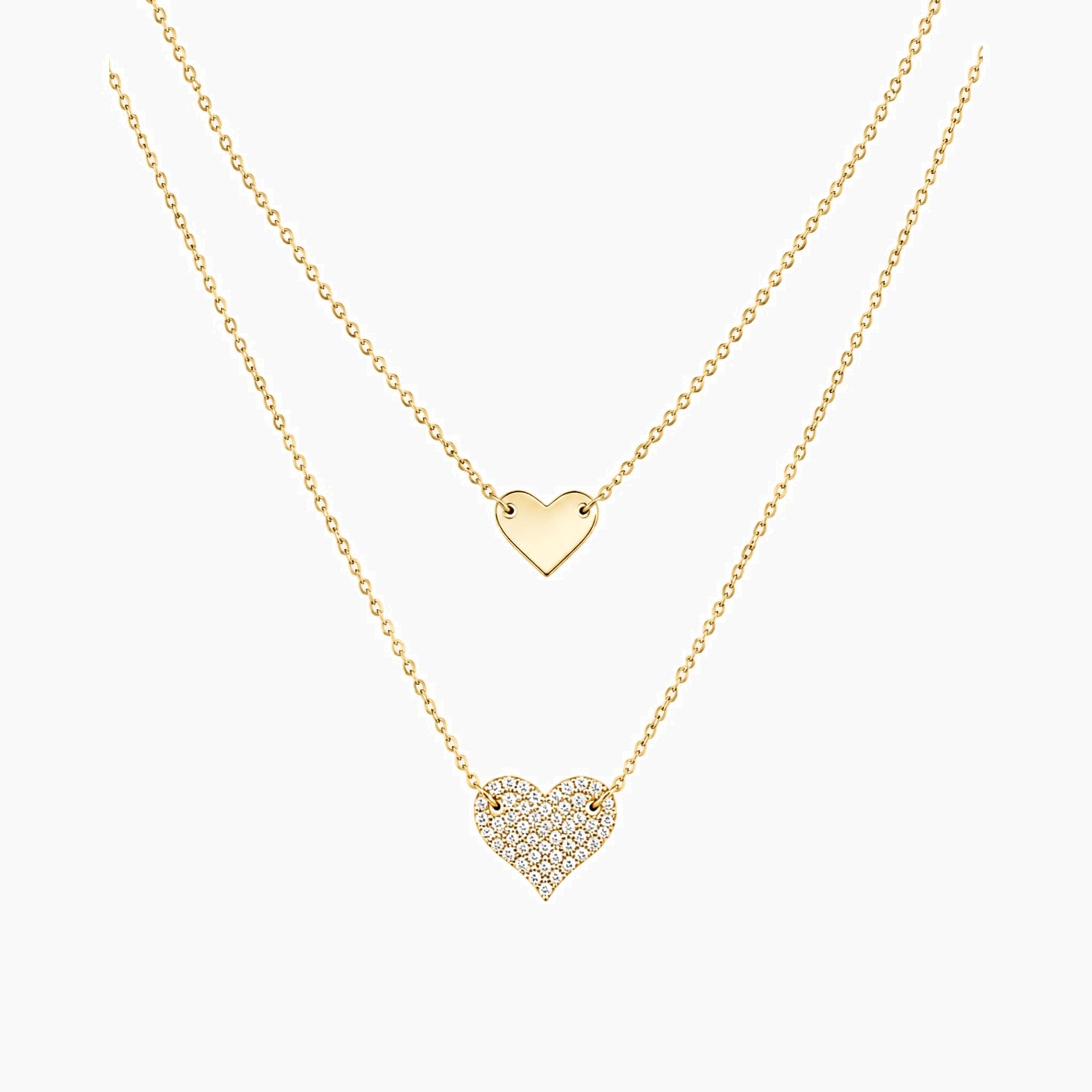 Layered pavé moissanite heart necklace in yellow gold vermeil, full product view.