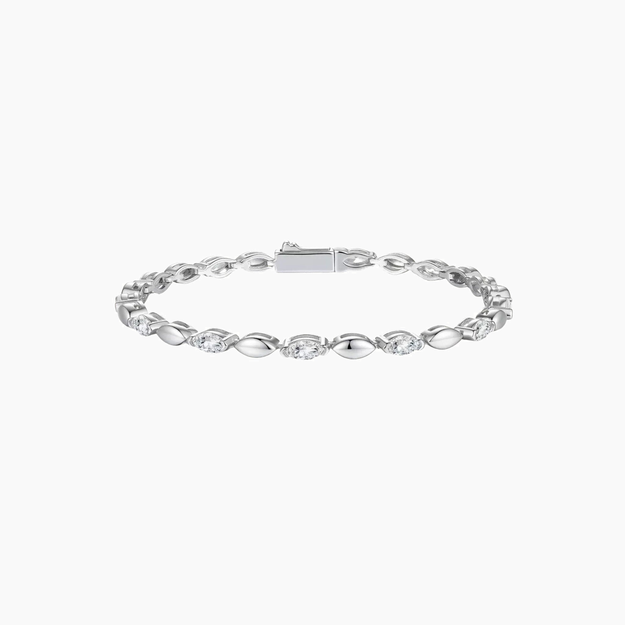 Marquise-cut moissanite alternating-link tennis bracelet in white gold vermeil, full product view.