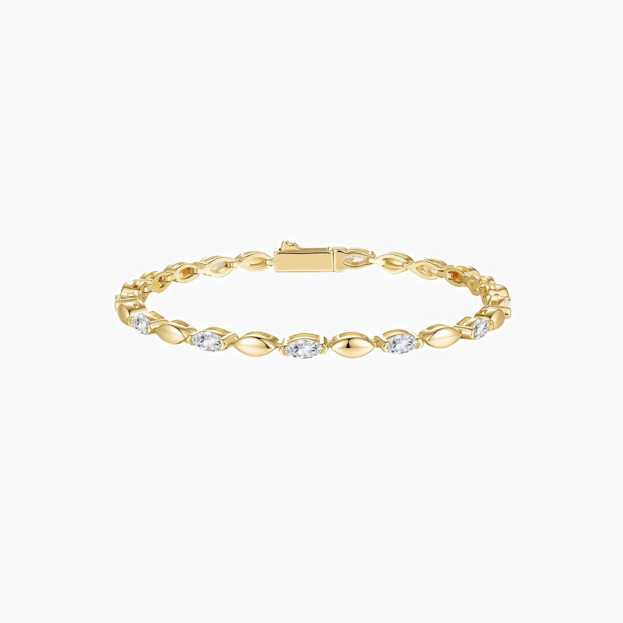 Marquise-cut moissanite alternating-link tennis bracelet in yellow gold vermeil, full product view.